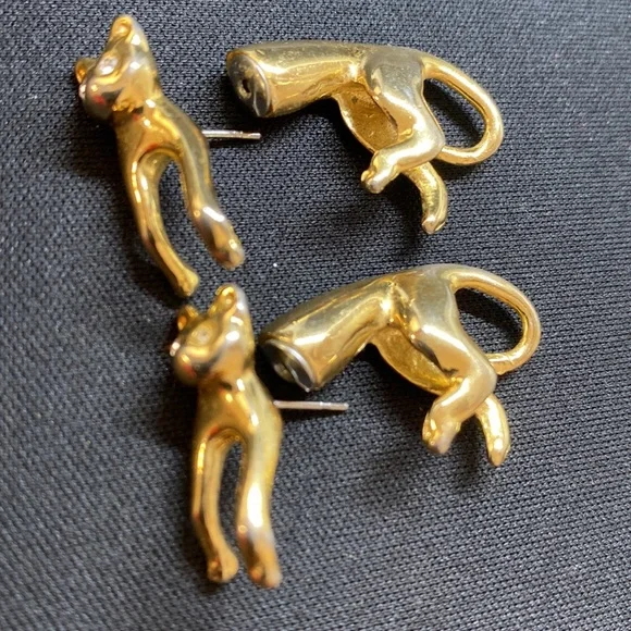 Cats earrings gold tone clear stones - Picture 10 of 12